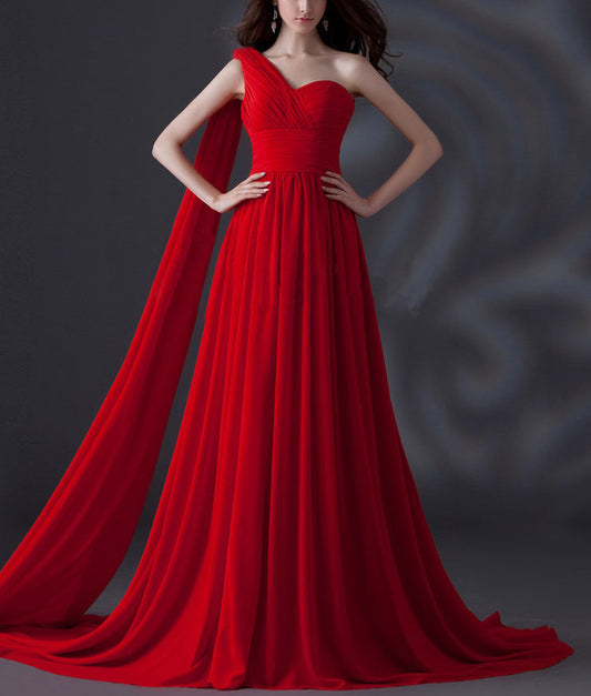 Red One Shoulder Back Trail Enigma Gown