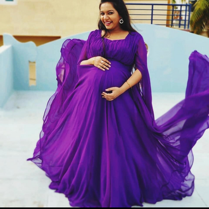 Purple Maternity Cape Sleeves Maxi Dress with trail