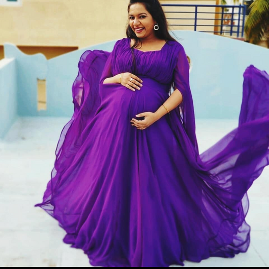 Purple Maternity Cape Sleeves Maxi Dress with trail