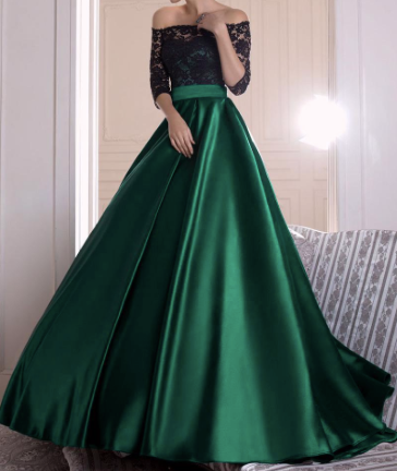 Green Satin and Black Lace Tube Ballroom Gown