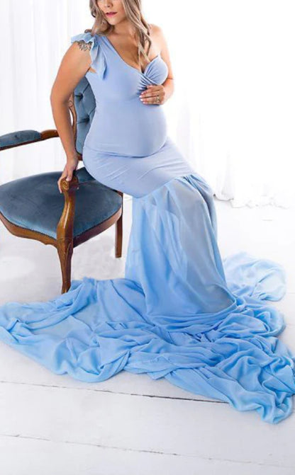Sky Blue One Shoulder Lycra and Georgette Maternity Dress