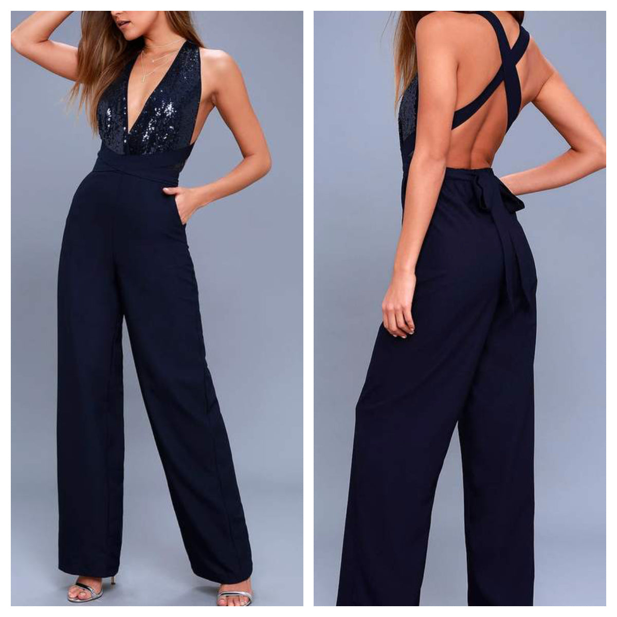 Shimmer Midnight Navy Backless Jumpsuit