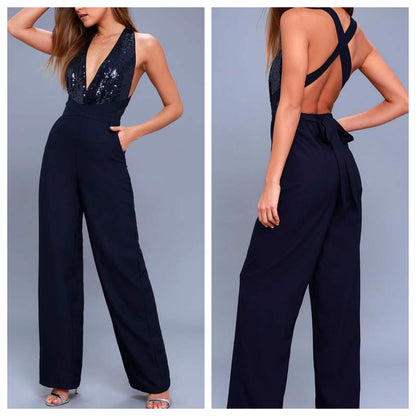 Shimmer Midnight Navy Backless Jumpsuit