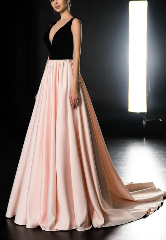 Black Velvet and Satin V Neck Party Wear Gown