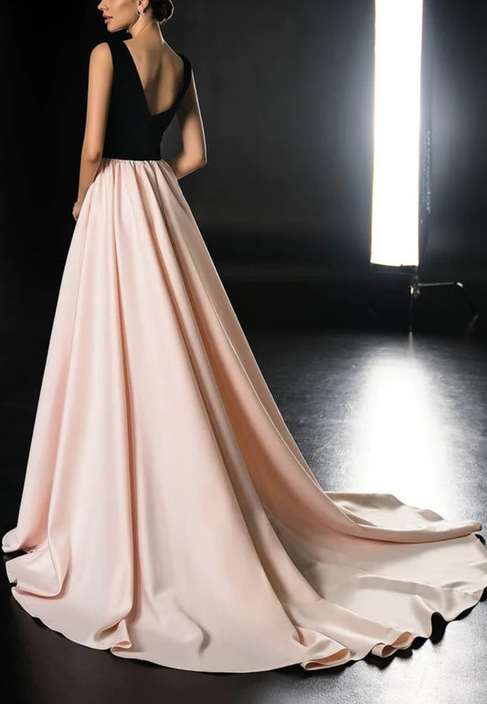 Black Velvet and Satin V Neck Party Wear Gown