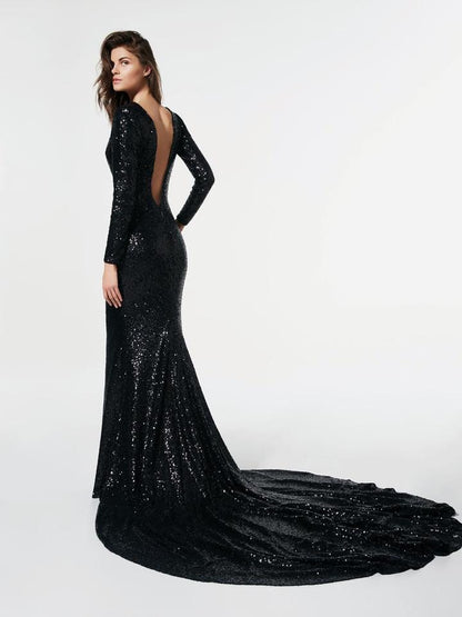 Black Sequins Trail Gown