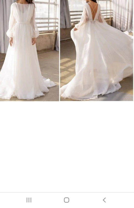 Breezy White V Back Puffer Sleeves Trail Gown