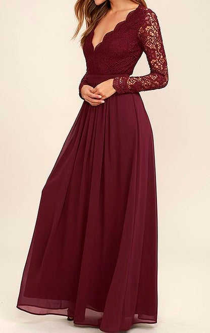 Wine Lace Flared maxi Dress