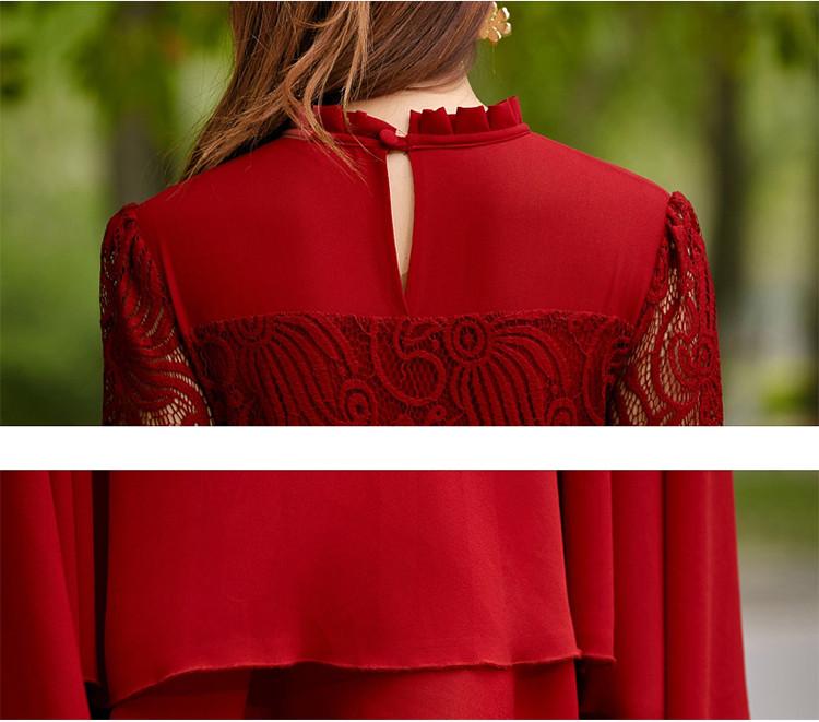 Charming Long Lace Sleeves Pleated Chiffon Long Red Maxi Dress