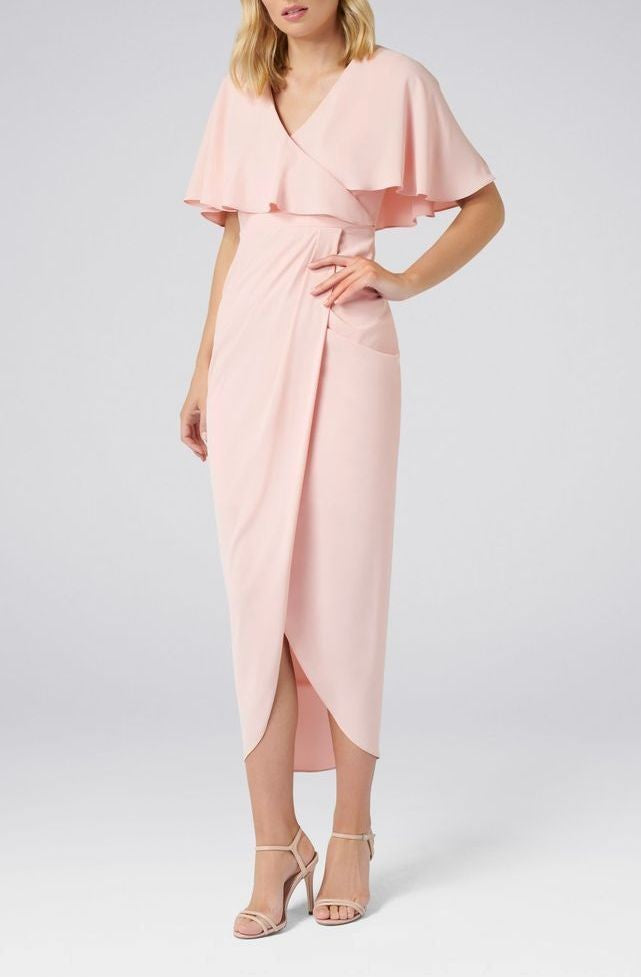 Baby Pink Cape Sleeves Maxi Slit Dress