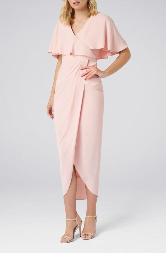 Baby Pink Cape Sleeves Maxi Slit Dress