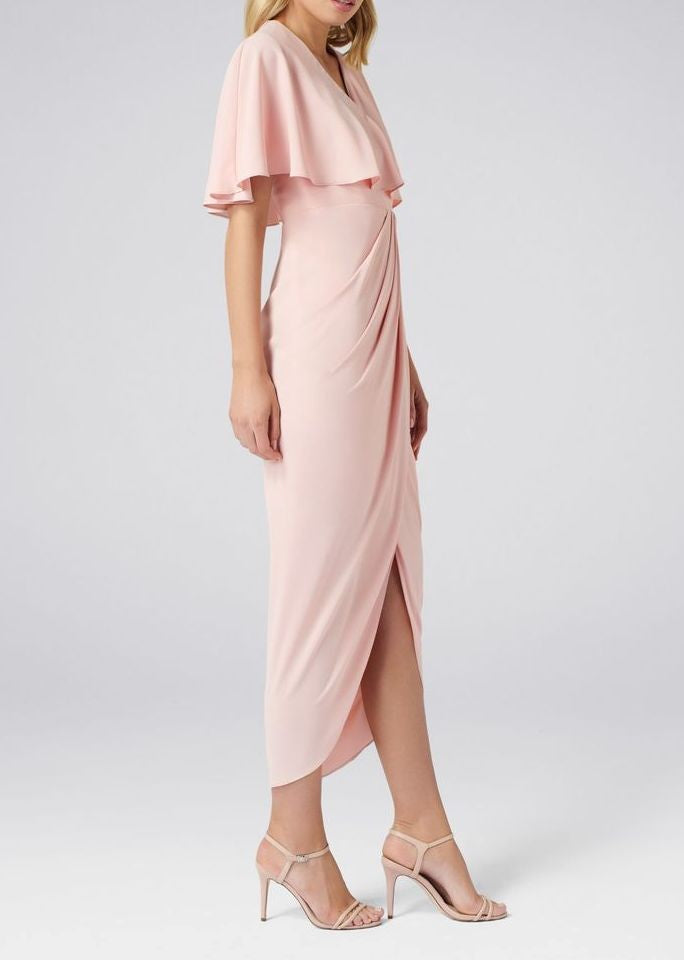 Baby Pink Cape Sleeves Maxi Slit Dress