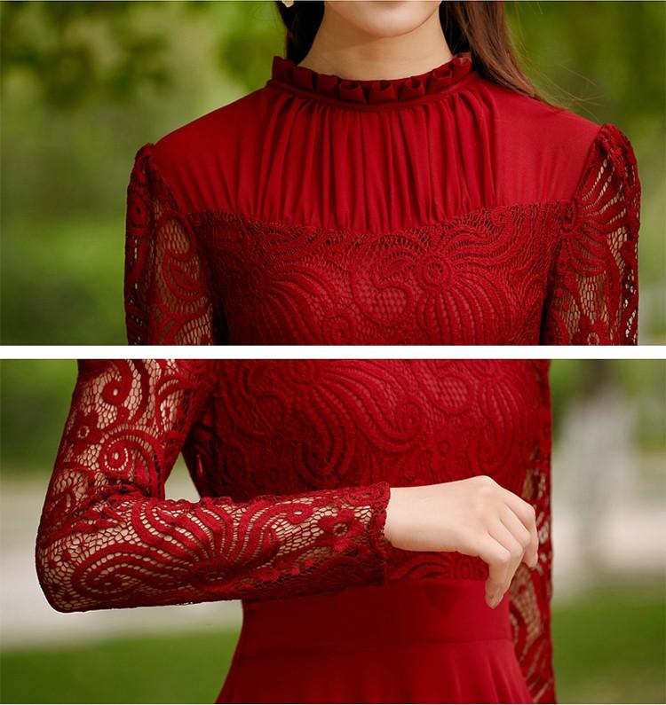 Charming Long Lace Sleeves Pleated Chiffon Long Red Maxi Dress