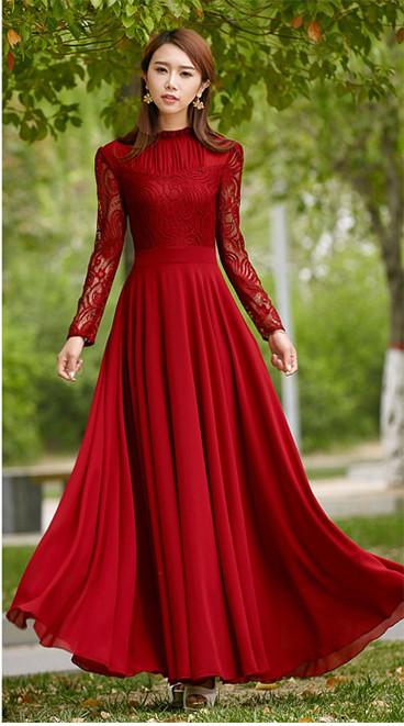 Charming Long Lace Sleeves Pleated Chiffon Long Red Maxi Dress iwearmystyle Charming Long Lace Sleeves Pleated Chiffon Long Red Maxi Dress iwearmystyle