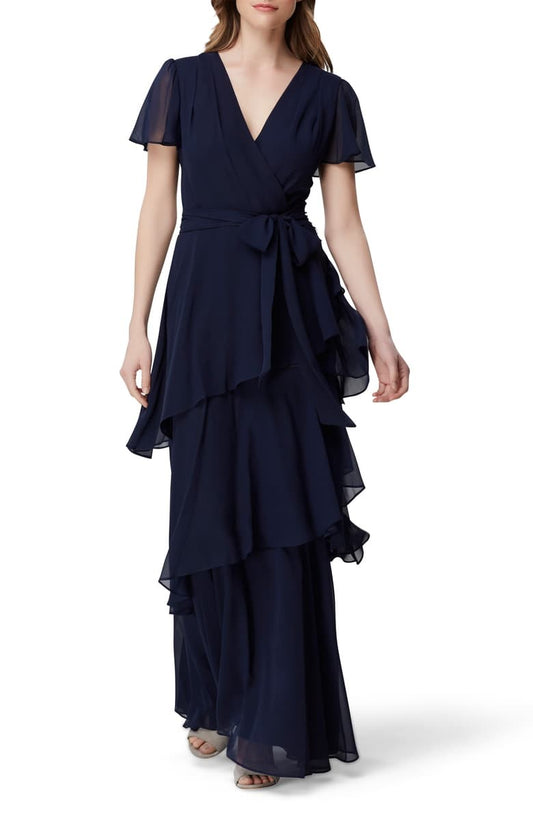 Navy Blue Multiple Layered Ruffles Maxi Dress