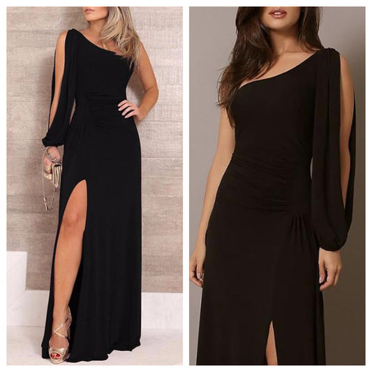 Black One Shoulder Slit Maxi Dress