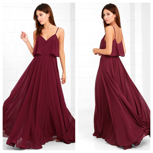 Maroon Overlap Spaghetti Strap Maxi Dress