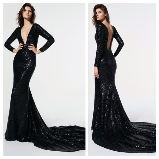 Black Sequins Trail Gown