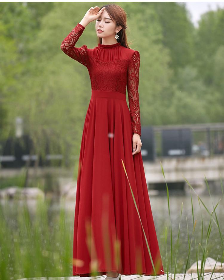 Charming Long Lace Sleeves Pleated Chiffon Long Red Maxi Dress