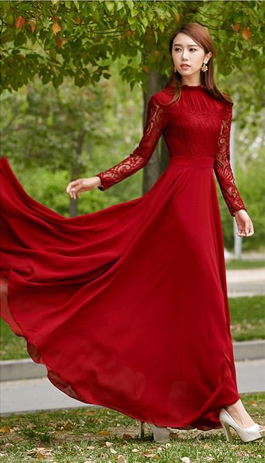 Charming Long Lace Sleeves Pleated Chiffon Long Red Maxi Dress