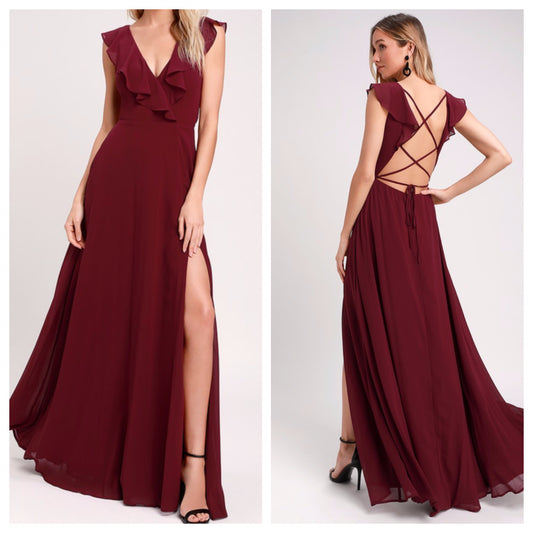 Maroon Frill Spaghetti Strapless Maxi Dress