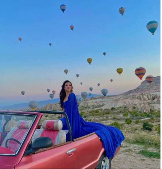 Royal Blue Trail and Trail Cape Sleeves Prewedding Gown