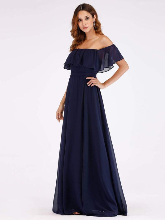 Navy Off Shoulder Frilled Long Maxi Dress
