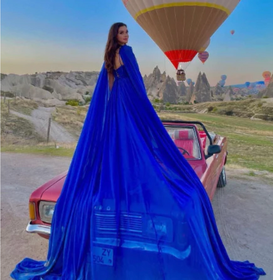 Royal Blue Trail and Trail Cape Sleeves Prewedding Gown