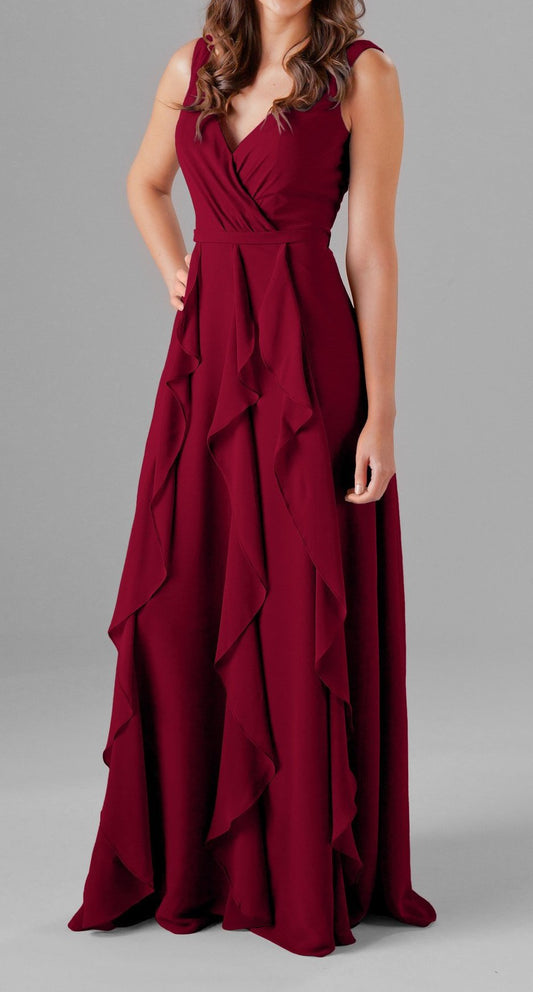 Maroon Six Frills Ruffles Maxi Dress