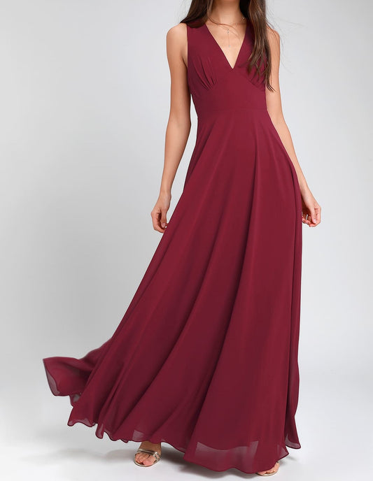 V Neck Wine Maxi Dress