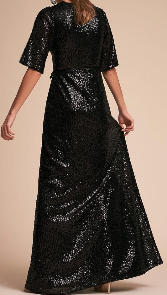 Black Sequins V Neck Maxi Dress
