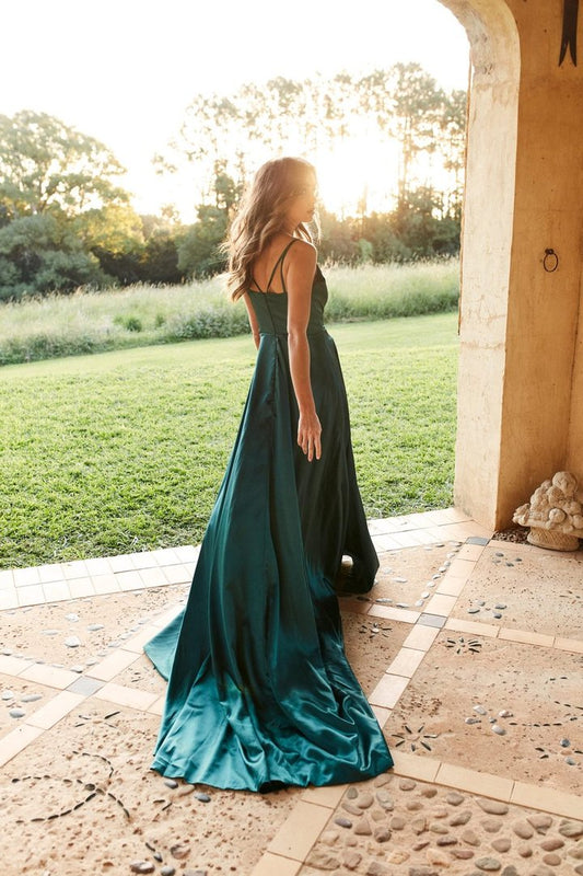 Green Satin Side Slit Ballroom Gown