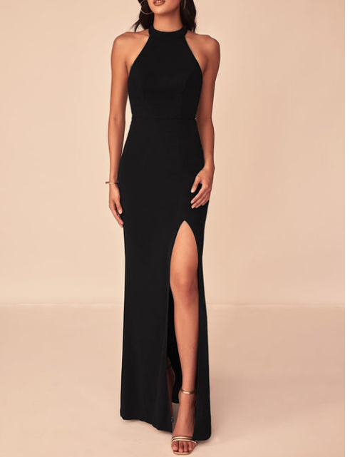 Black Scuba High Neck Bodycon Dress with Slit