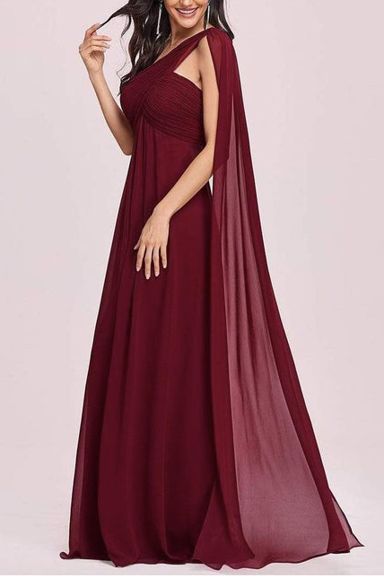 Maroon One Shoulder Draped Enigma Maxi Dress