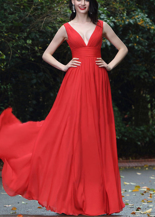 Plunge Neck Red V Neck Georgette Maxi Dress