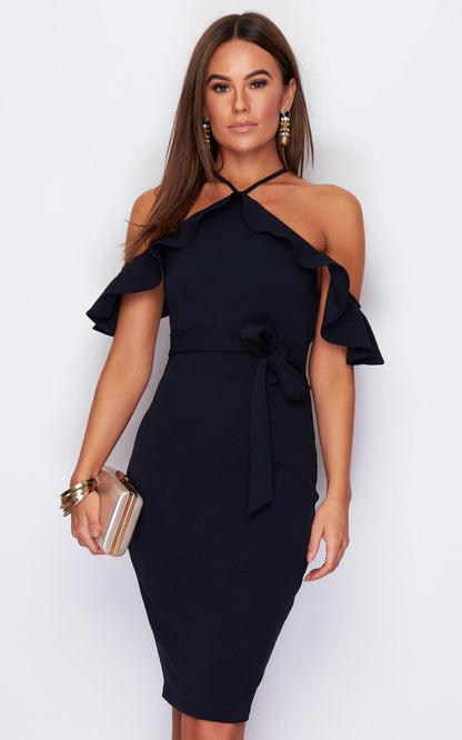 Saffron Off The Shoulder Cross Strap Tie Waist Midi Dress Navy