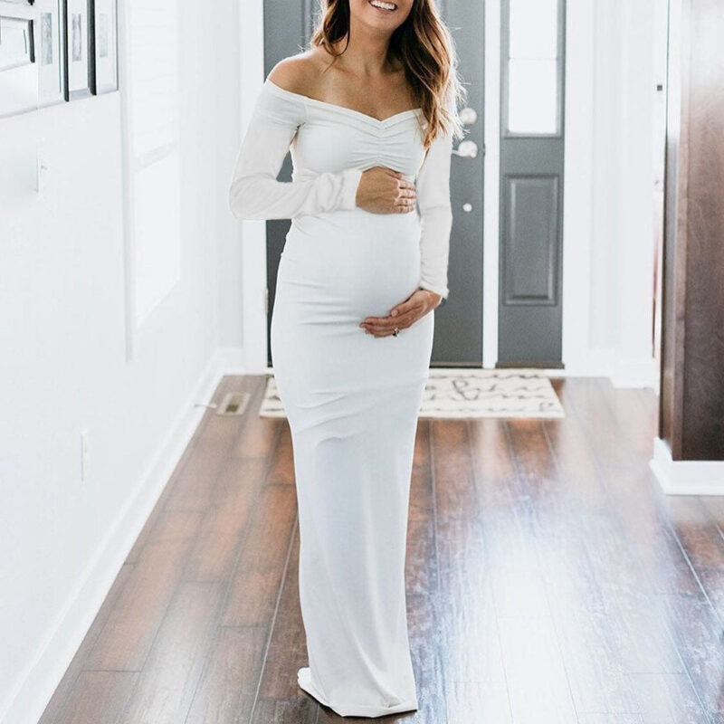 Maternity Solid White Off Shoulder Long Sleeve Dress