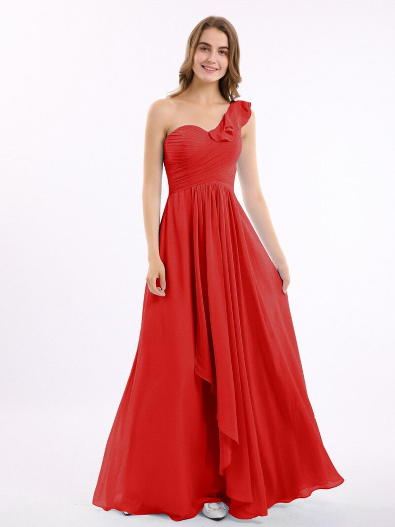 Red One Shoulder Drape Maxi Dress with slit