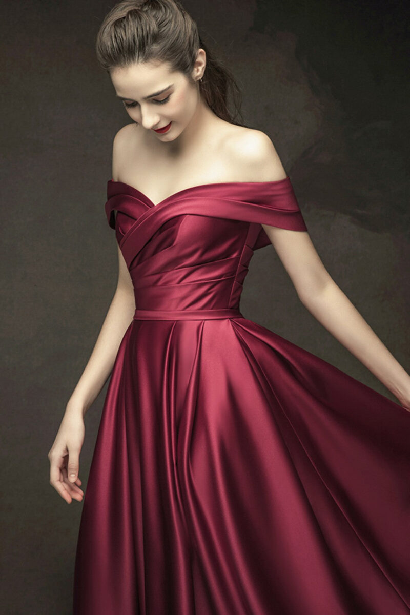 Off Shoulder Ruched Corset Back A-Line Satin Wedding Prom Dress
