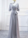 Flutter Sleeves V Neck Ruched Bridesmaid Dress with Belt