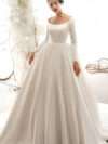 Scoop Neck Lace Long Sleeve Tied Back Satin Wedding Dress with Trail