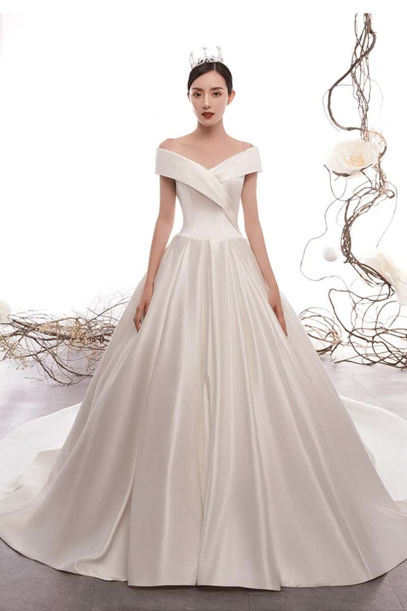 Off Shoulder Corsage Back Vintage Satin Wedding Dress with Trail
