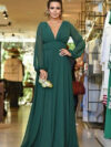 Deep V Neck & Back Long Sleeves Chiffon Bridesmaid Dress