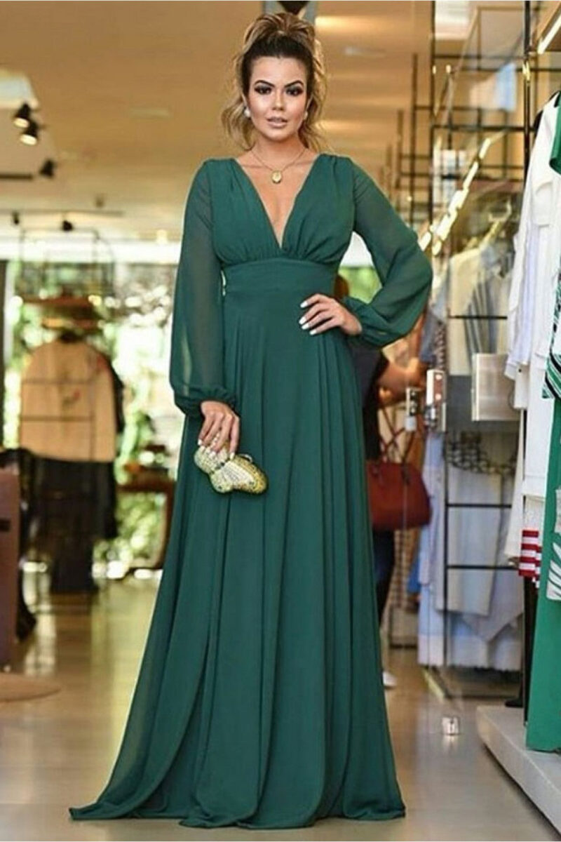 Deep V Neck & Back Long Sleeves Chiffon Bridesmaid Dress
