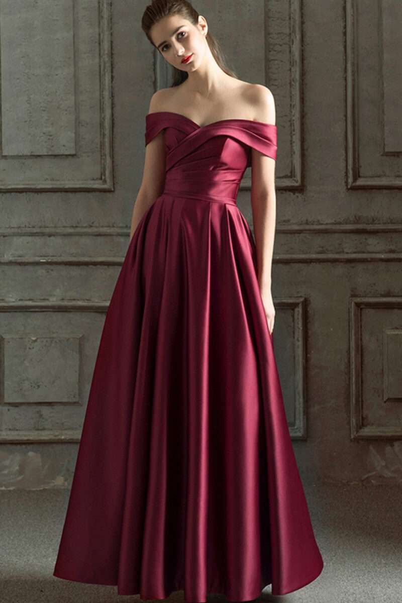 Off Shoulder Ruched Corset Back A-Line Satin Wedding Prom Dress