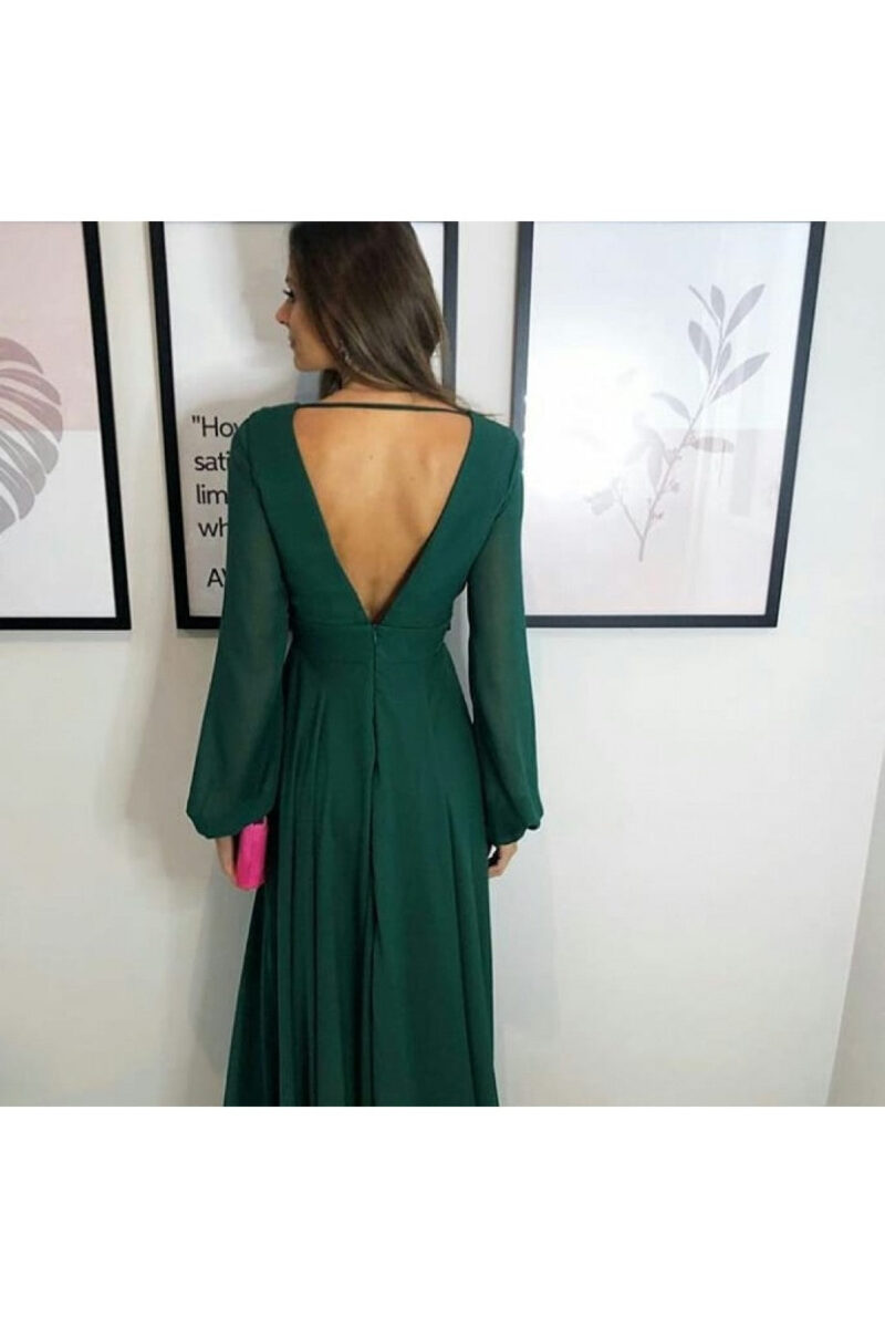 Deep V Neck & Back Long Sleeves Chiffon Bridesmaid Dress