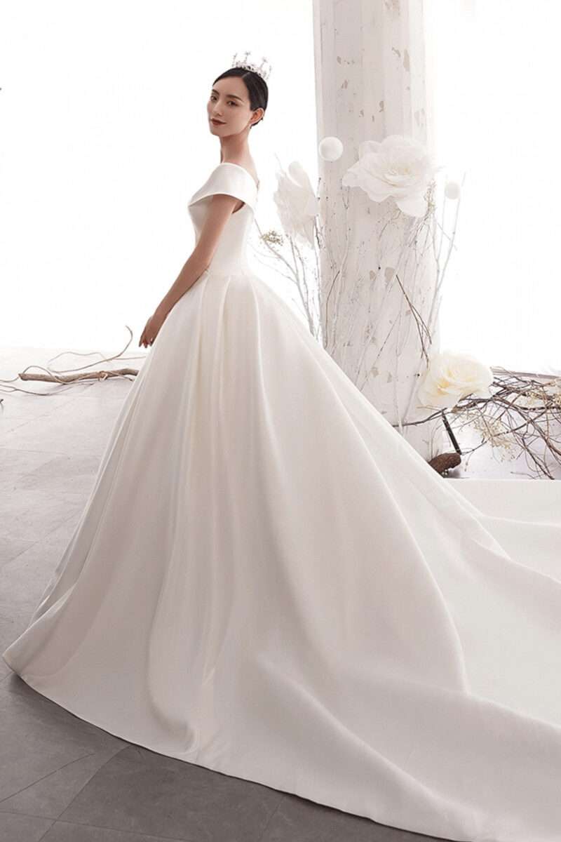 Off Shoulder Corsage Back Vintage Satin Wedding Dress with Trail