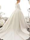 Scoop Neck Lace Long Sleeve Tied Back Satin Wedding Dress with Trail