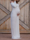 White Bandeau Pleated Boat Neck Off Shoulder Floor Length Maternity Maxi Dress