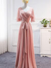 Flutter Sleeves V Neck Ruched Bridesmaid Dress with Belt
